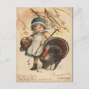 Thanksgiving - Pilgrim Girl & Turkey 1910 Postcard