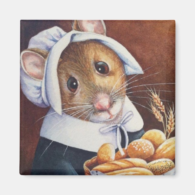 Thanksgiving Pilgrim Mouse Bread Basket Art Magnet (Front)