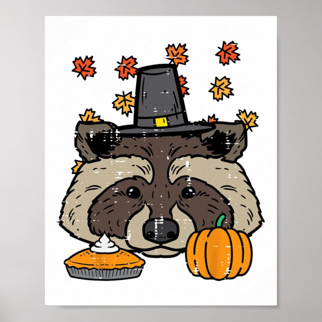 Thanksgiving Pilgrim Racoon Cute Fall Autumn Men  Poster (Front)