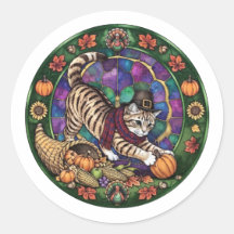 Thanksgiving Pilgrim Tabby Cat Stained Glass Medal