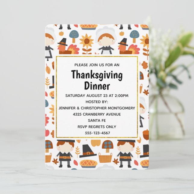 Thanksgiving Pilgrims Harvest Pattern Dinner Invitation (Standing Front)