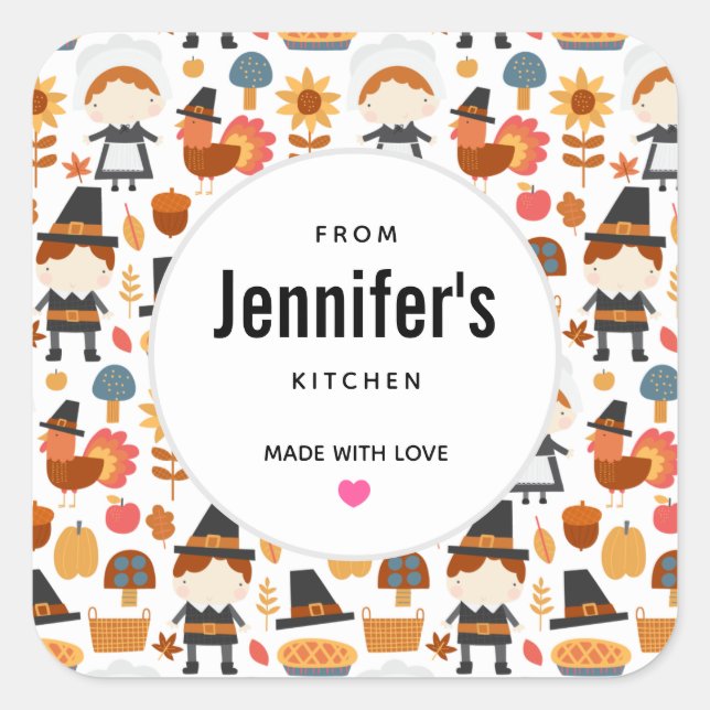  Thanksgiving Pilgrims Harvest Pattern Kitchen Square Sticker (Front)