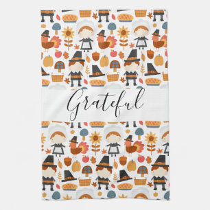 Thanksgiving Pilgrims Harvest Pattern Tea Towel