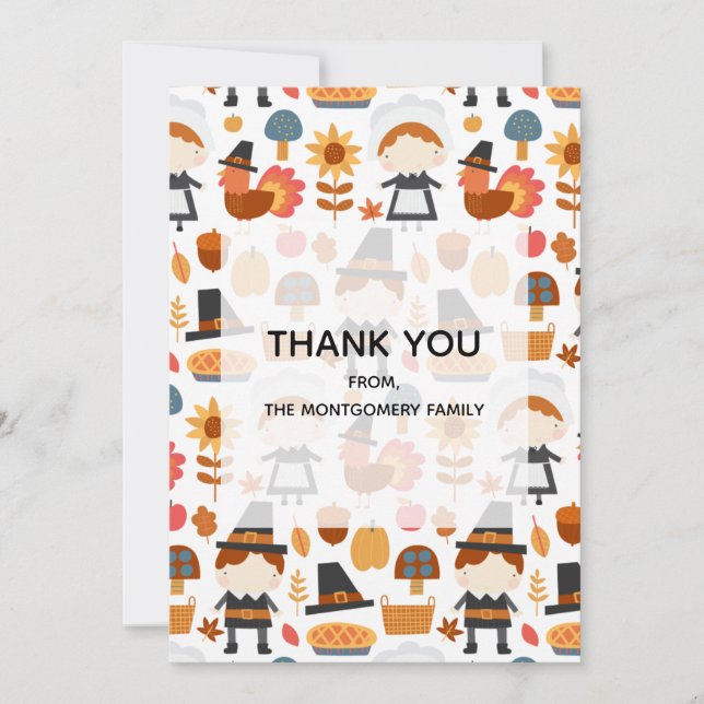 Thanksgiving Pilgrims Harvest Pattern Thank You Card (Front)