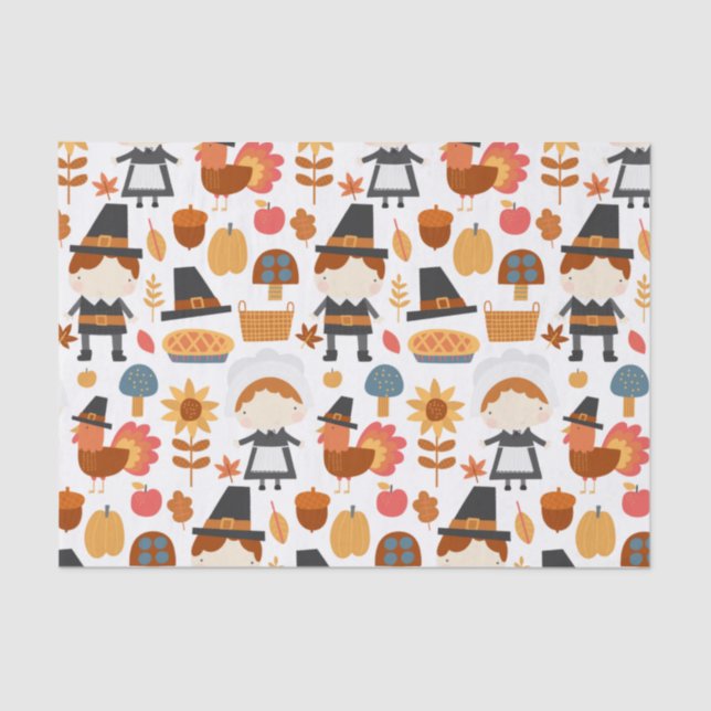 Thanksgiving Pilgrims Harvest Pattern Tissue Paper (Front)