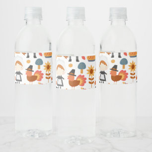Thanksgiving Pilgrims Harvest Pattern Water Bottle Label