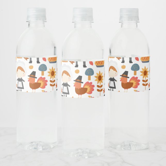 Thanksgiving Pilgrims Harvest Pattern Water Bottle Label (Bottles)