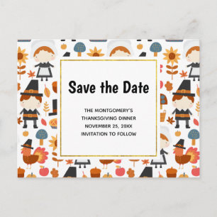  Thanksgiving Pilgrims Pattern Save the Date Invitation Postcard