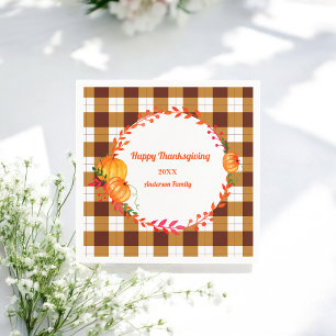 Thanksgiving Plaid Pumpkin Brown White Napkin
