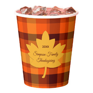 Thanksgiving Plaid with Maple Leaf Paper Cups