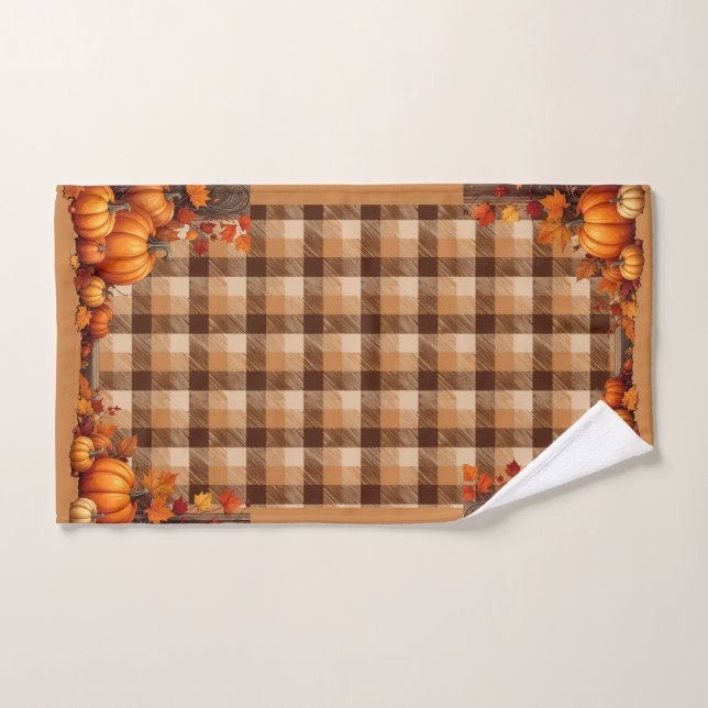 Thanksgiving Plaid with Pumpkin Border Hand Towel (Hand Towel)
