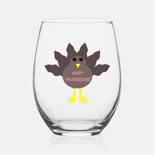 Thanksgiving Plucked Turkey Stemless Wine Glass (Front)