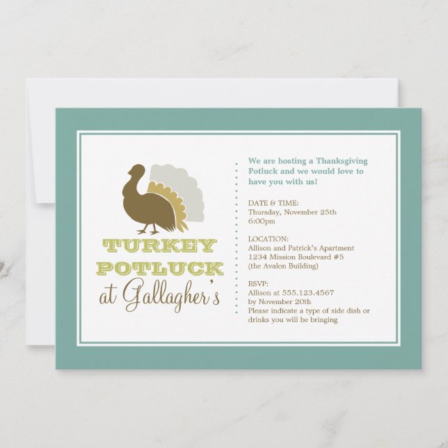 Thanksgiving potluck chic blue green turkey dinner invitation (Front)