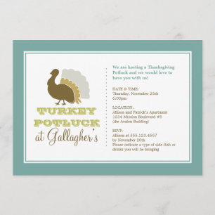 Thanksgiving potluck chic blue green turkey dinner invitation