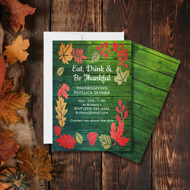 Thanksgiving Potluck Dinner Dark Green Wood Invite (Thanksgiving Potluck Dinner Dark Green Wood Invite)