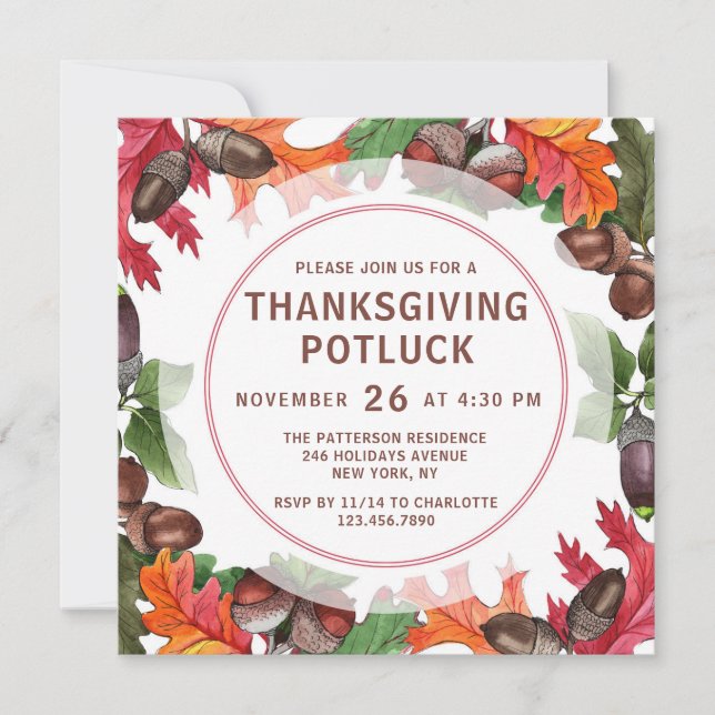 Thanksgiving Potluck Dinner Fall Watercolor Floral Invitation (Front)