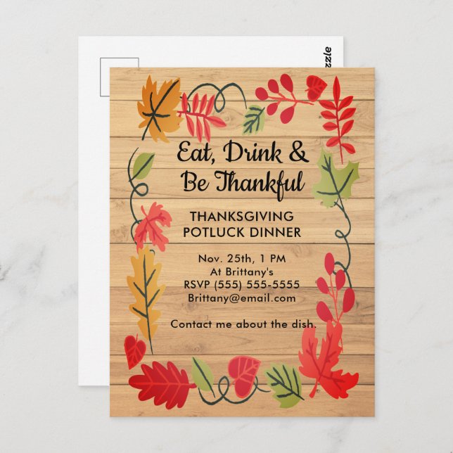 Thanksgiving Potluck Dinner LT Brown Wood Invite Postcard (Front/Back)