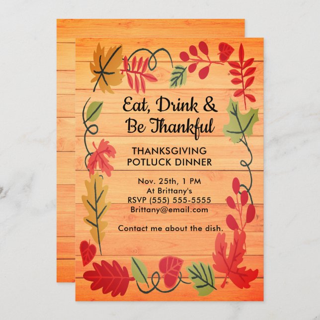 Thanksgiving Potluck Dinner Orange Wood Invitation (Front/Back)