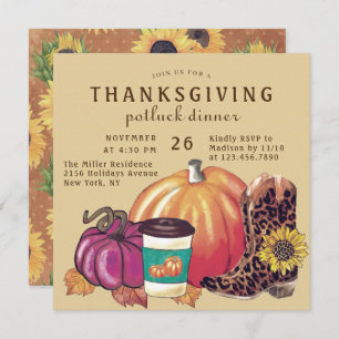 Thanksgiving Potluck Dinner Sunflower Pumpkin Invitation