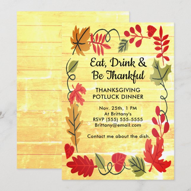 Thanksgiving Potluck Dinner Yellow Wood Invitation (Front/Back)