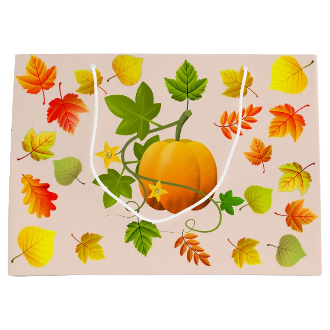 Thanksgiving Pumpkin & Autumn Leaves on Beige Large Gift Bag (Front)