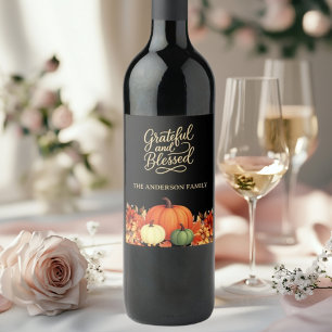Thanksgiving pumpkin black Grateful blessed Wine Label