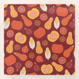 Thanksgiving Pumpkin Brown Seamless Pattern. Glass Coaster