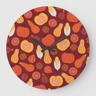 Thanksgiving Pumpkin Brown Seamless Pattern. Large Clock