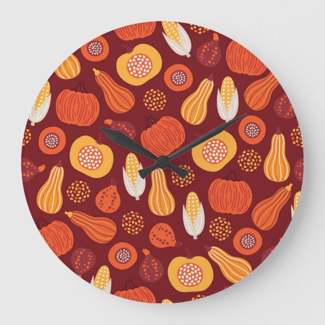 Thanksgiving Pumpkin Brown Seamless Pattern. Large Clock (Front)