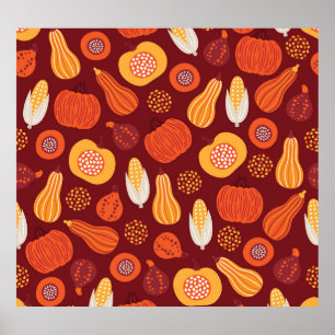 Thanksgiving Pumpkin Brown Seamless Pattern. Poster