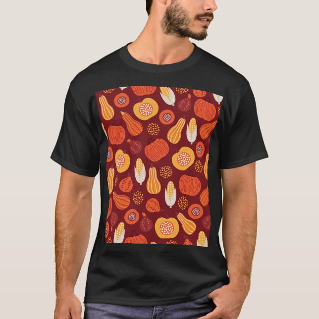 Thanksgiving Pumpkin Brown Seamless Pattern. T-Shirt (Front)