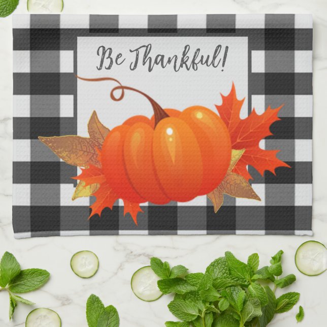 Thanksgiving Pumpkin Buffalo Plaid Kitchen Towel (Folded)