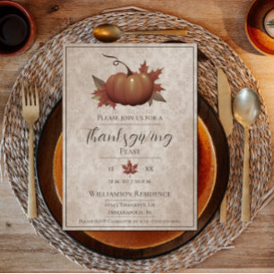 Thanksgiving Pumpkin Damask Dinner Beige Invitation