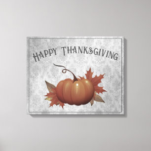 Thanksgiving Pumpkin Damask   Grey Canvas Print