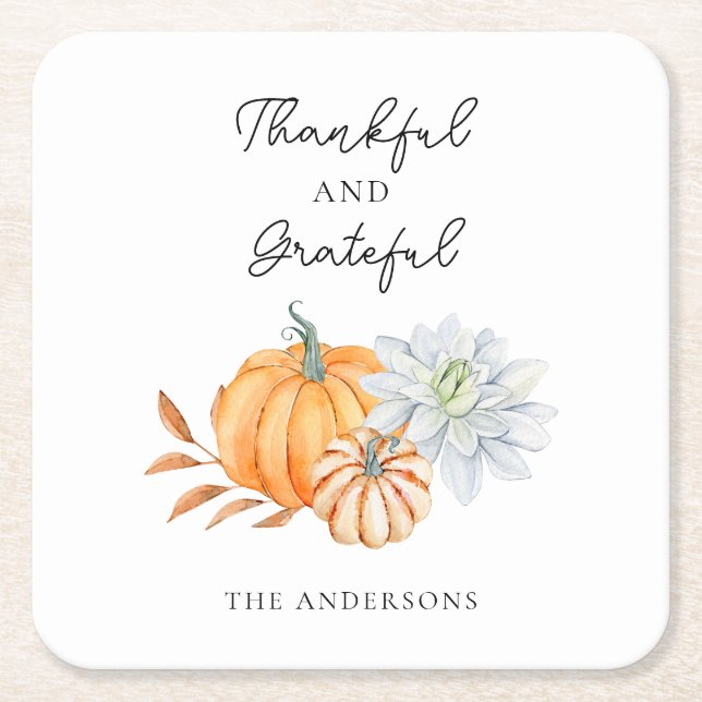 Thanksgiving Pumpkin Fall Grateful Elegant Square Paper Coaster (Front)