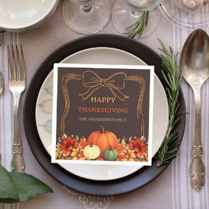Thanksgiving pumpkin orange bow hand-drawn bistre napkin