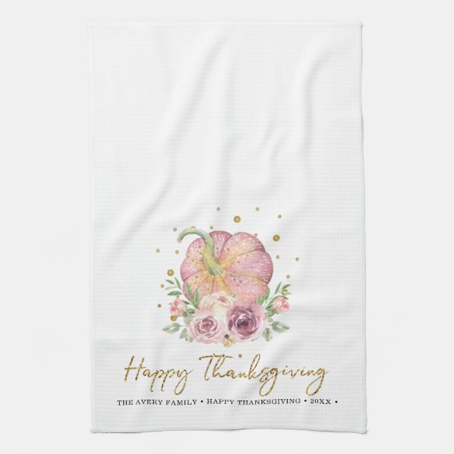 Thanksgiving Pumpkin Pink Family Name Tea Towel (Vertical)