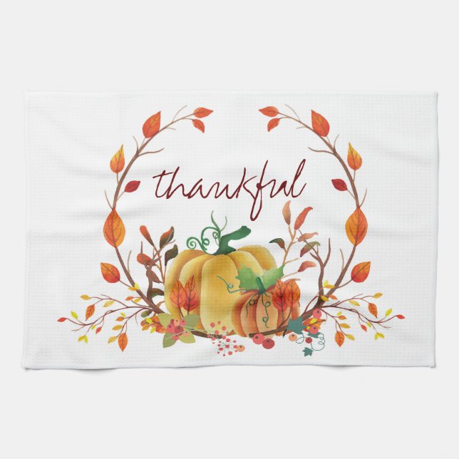 Thanksgiving pumpkin thankful design tea towel (Horizontal)