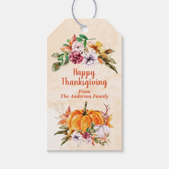 Thanksgiving Pumpkins And Flowers Gift Tags (Front)
