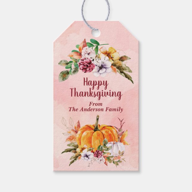 Thanksgiving Pumpkins And Flowers Gift Tags (Front)