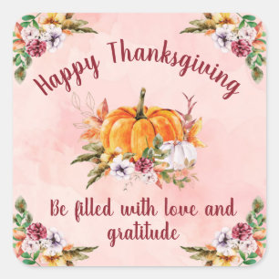 Thanksgiving Pumpkins And Flowers With Text 1 Squa Square Sticker