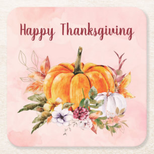 Thanksgiving Pumpkins And Flowers With Text Square Paper Coaster