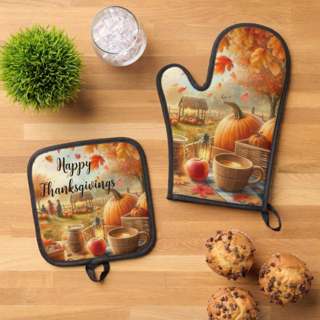 Thanksgiving Pumpkins Autumn Leaves  Oven Mitt & Pot Holder Set (Top Down)