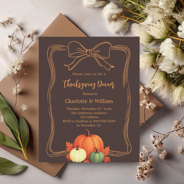 Thanksgiving pumpkins bow bistre brown invitation (Creator Uploaded)