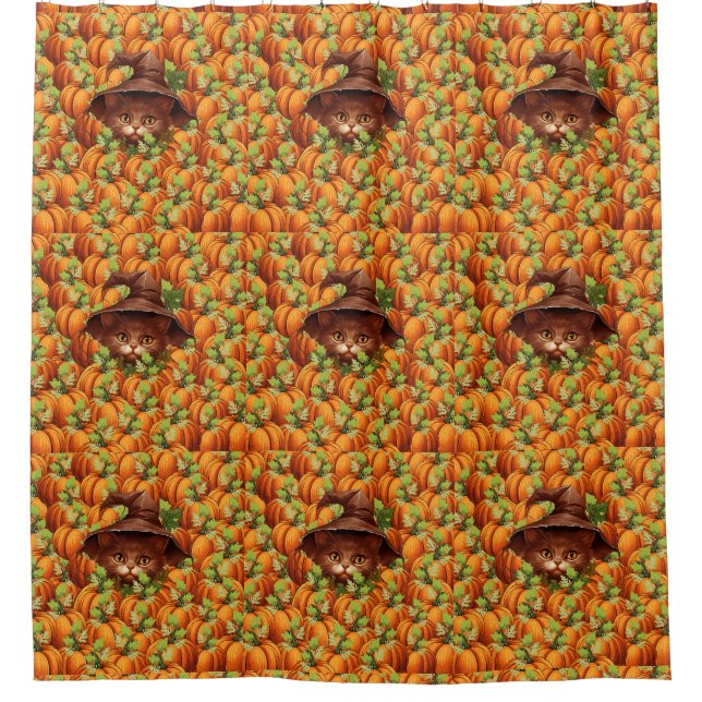 THANKSGIVING PUMPKINS CUTE CAT SHOWER CURTAIN (Front)