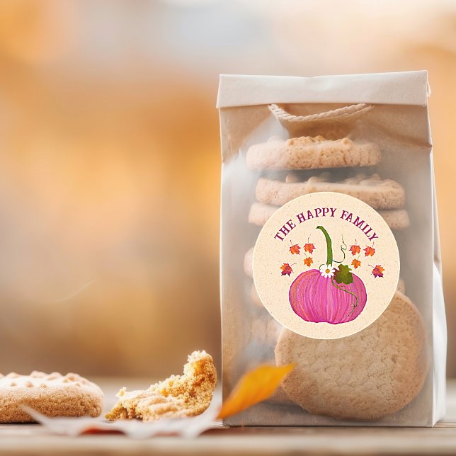 Thanksgiving pumpkins fall foliage personalise classic round sticker (Thanksgiving Fall Pumpkin Pink Packaging and Party Favor Bags. Easy to personalize)