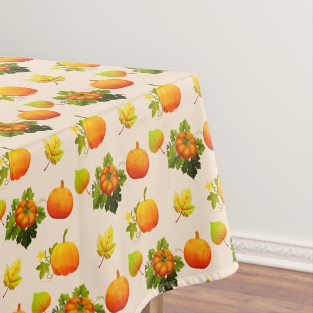 Thanksgiving Pumpkins & Fall Leaves on Light Beige Tablecloth (In Situ)