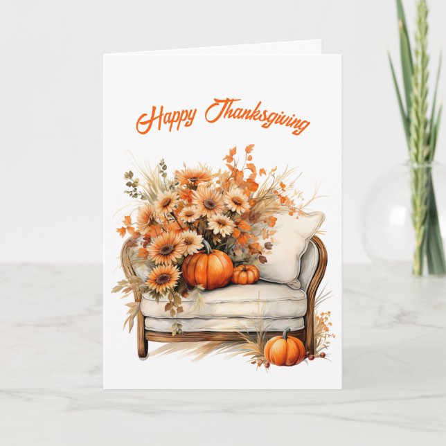 Thanksgiving Pumpkins Flowers Chairs Illustration Card (Front)