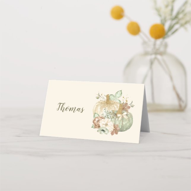 Thanksgiving Pumpkins Green Ivory Gold Brown Place Card (Front)