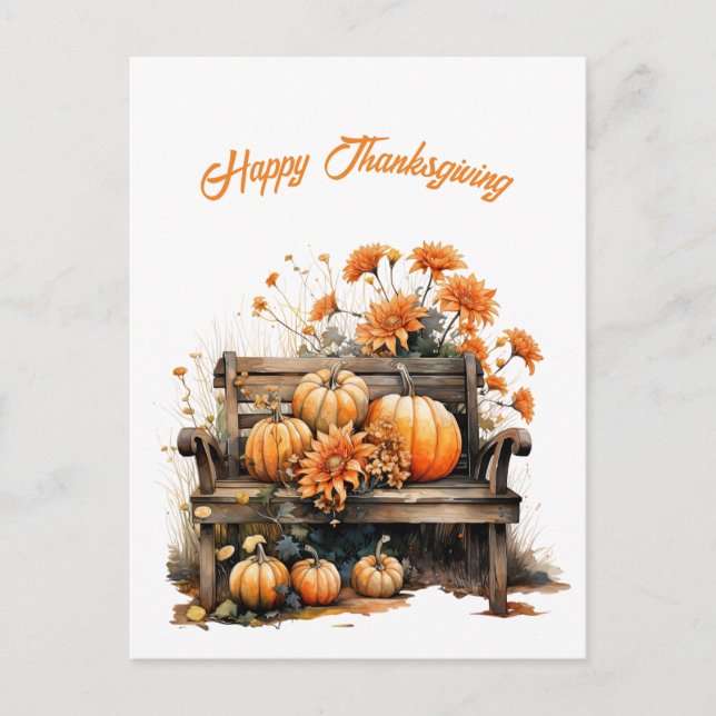 Thanksgiving Pumpkins Rustic Bench Illustration Holiday Postcard (Front)